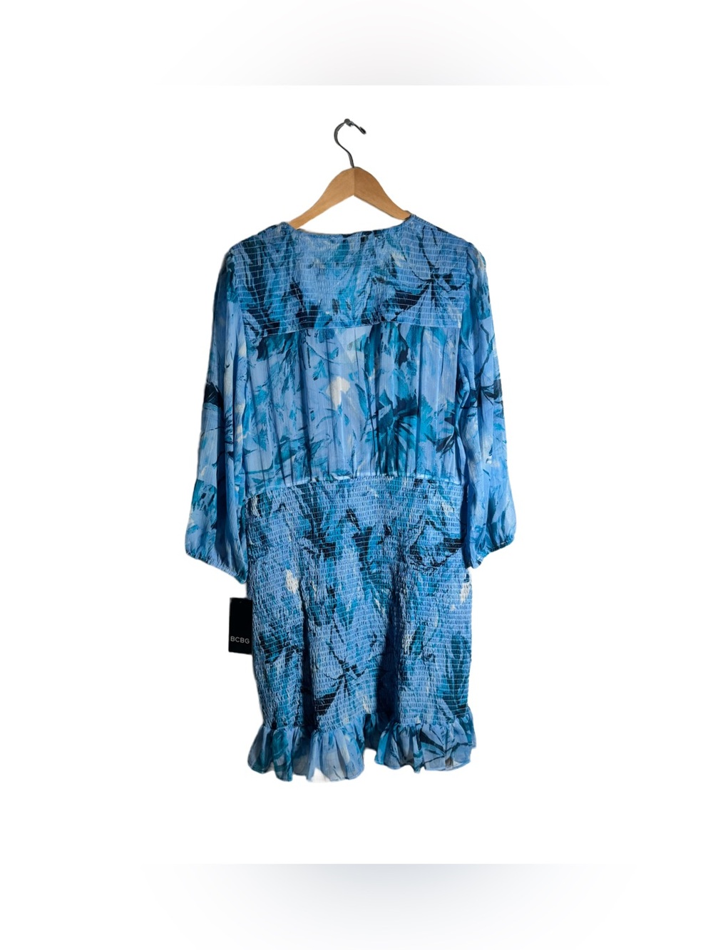BCBG Floral Chiffon Mini Dress Women's 16 Smocked Long Sleeve Blue Printed NWT - Picture 5 of 7